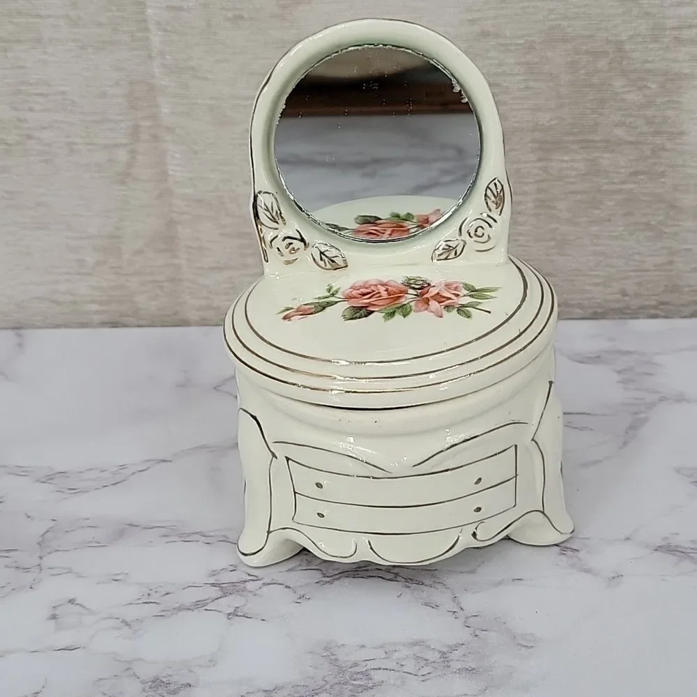Jewelry Trinket Box Dresser Vanity with Mirror Vintage Floral Cream